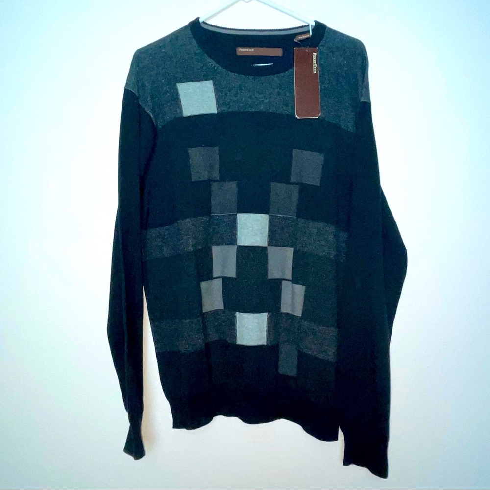 Perry Ellis NWT Sweater Crewneck Long Sleeves Block Style Black Gray Large